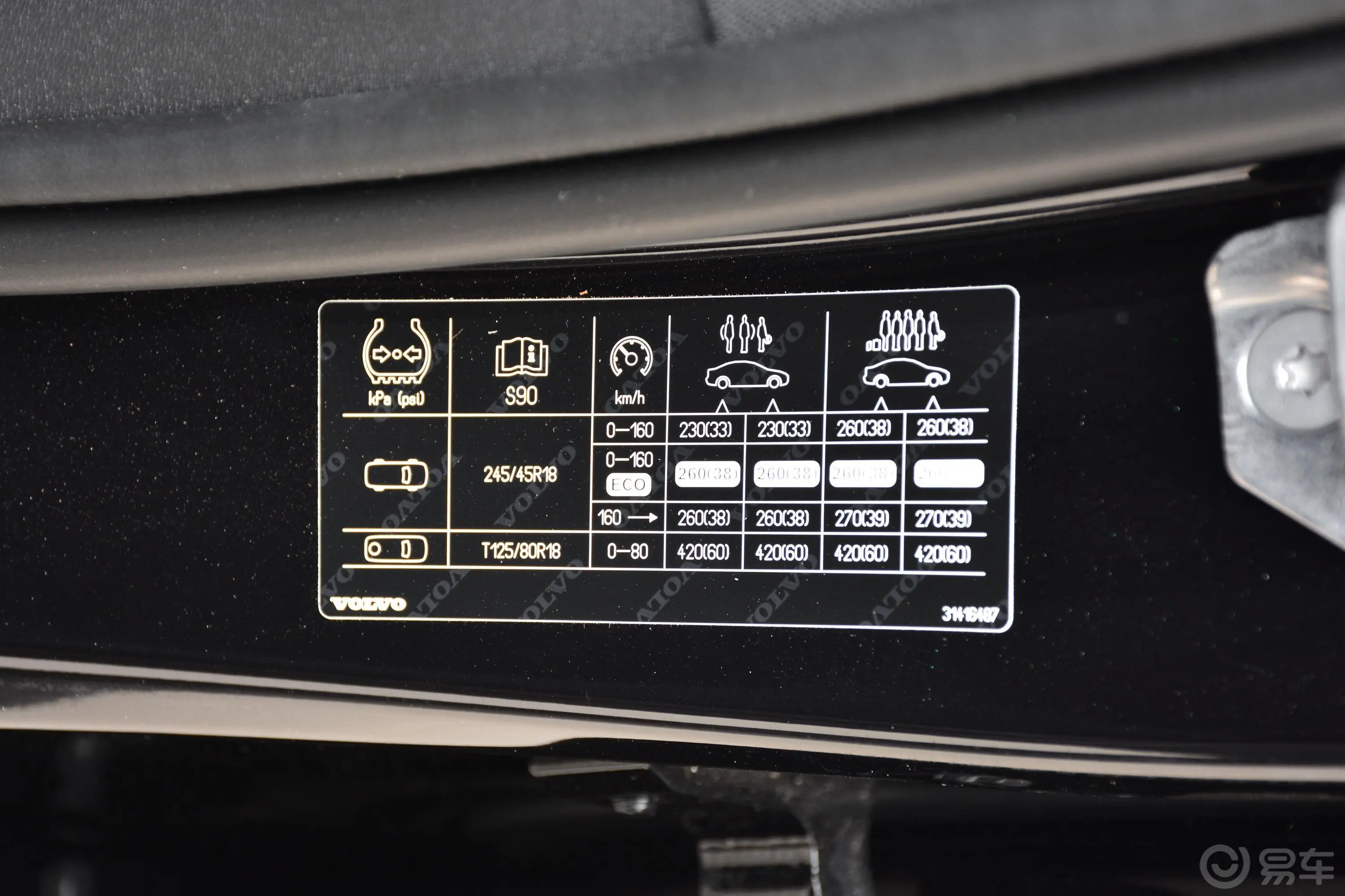 沃尔沃S90T5 智逸版胎压信息铭牌