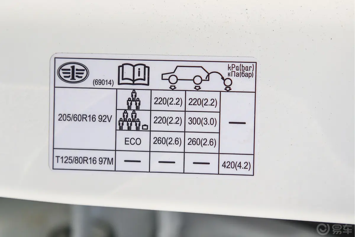 奔腾B501.4T 手自一体 精英版胎压信息铭牌