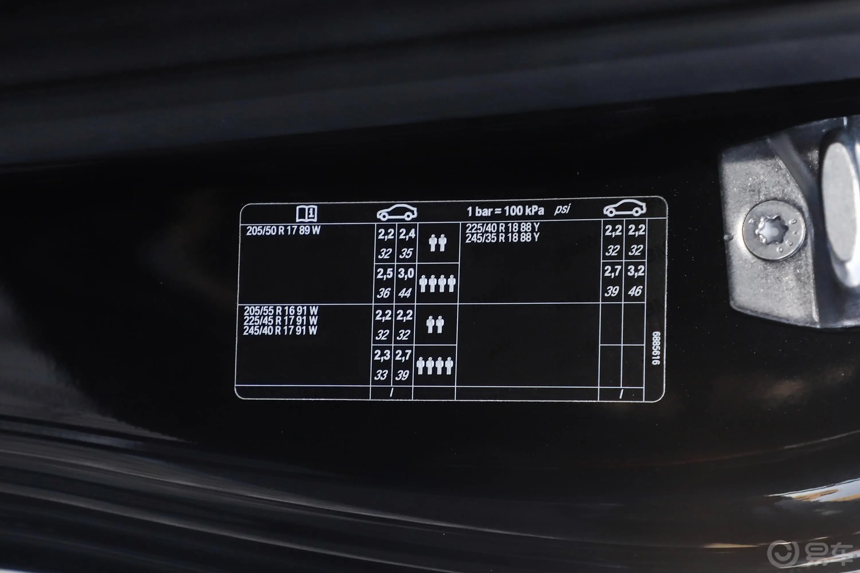 宝马2系双门轿跑车 225i 运动设计套装胎压信息铭牌