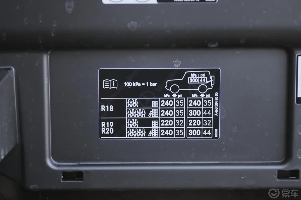 奔驰G级G 500 时光铭刻特别版胎压信息铭牌