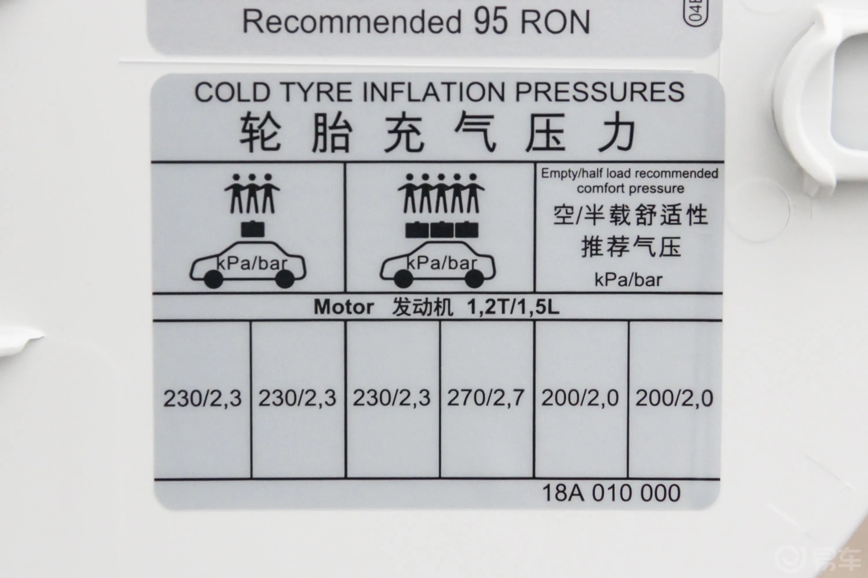 柯米克改款 GT TSI230 双离合 舒适版胎压信息铭牌