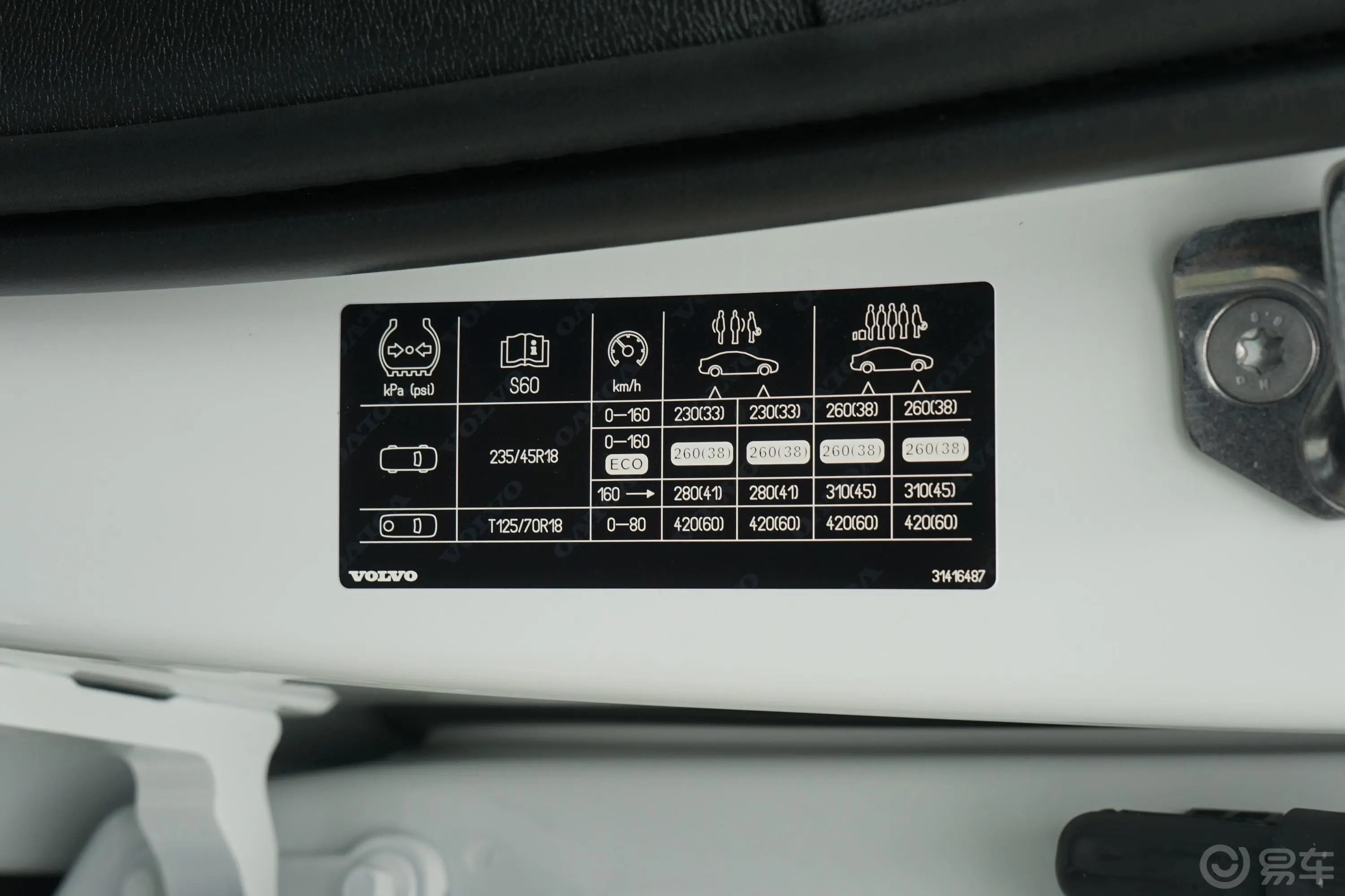 沃尔沃S60T4 智远豪华版胎压信息铭牌