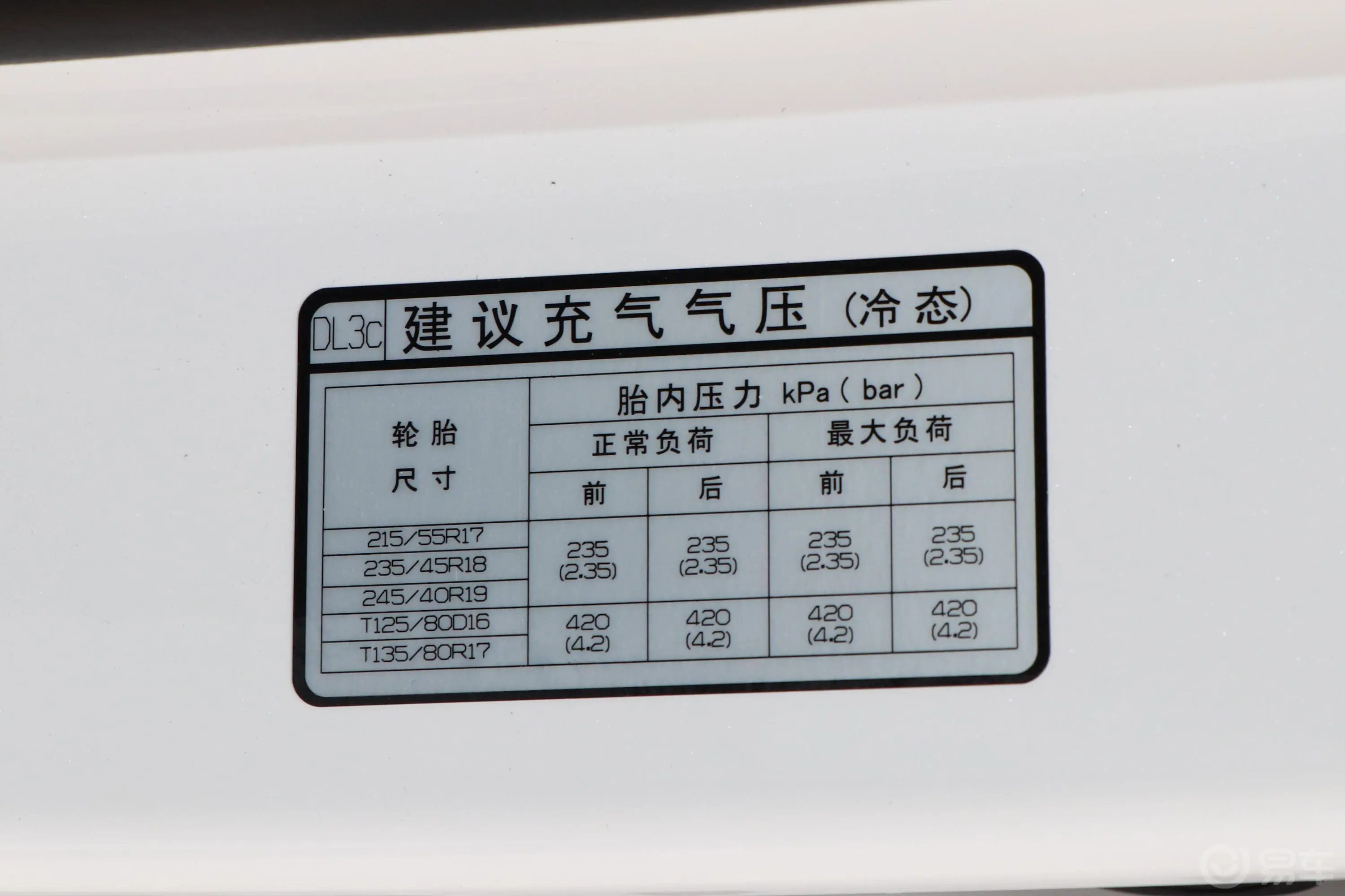起亚K5270T CVVD 豪华科技版胎压信息铭牌
