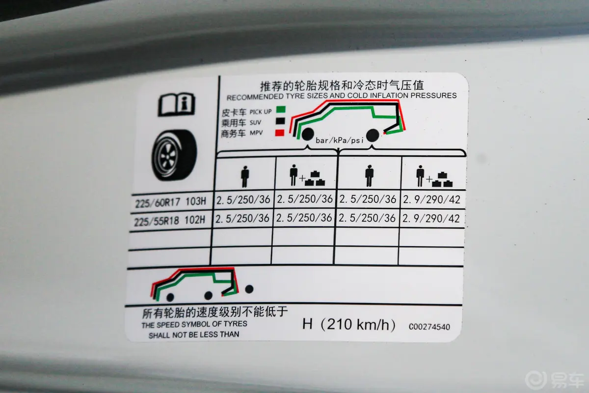 上汽大通MAXUS G20房车旅行家G20 2.0T 手自一体 阳光版胎压信息铭牌
