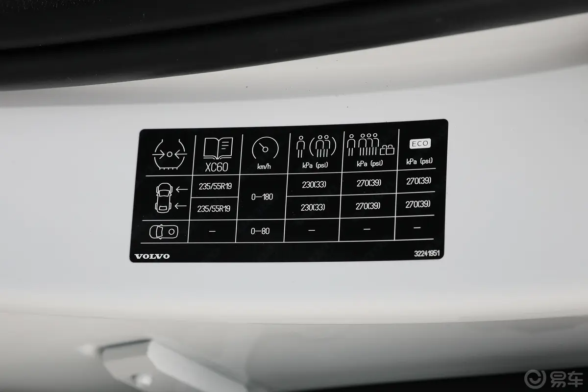 沃尔沃XC60B5 四驱 智远运动版胎压信息铭牌