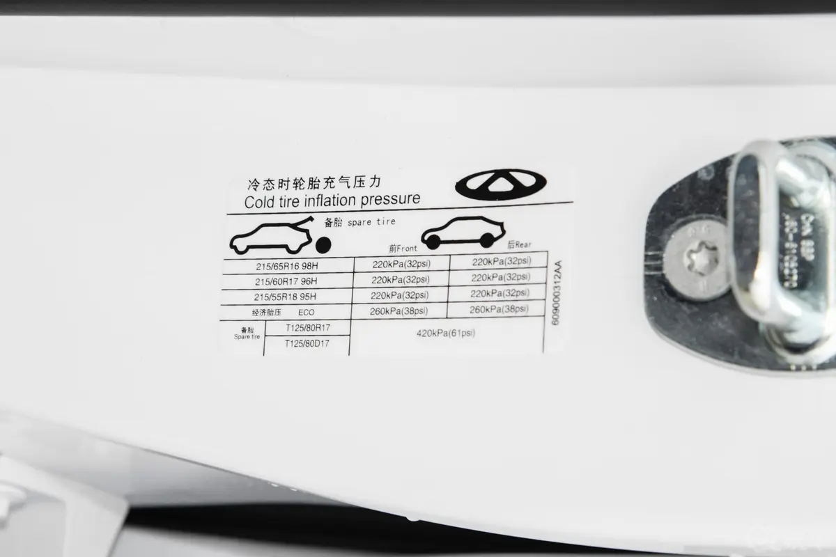 瑞虎5xPLUS 功夫熊猫联名版 1.5L 手动品尚版胎压信息铭牌