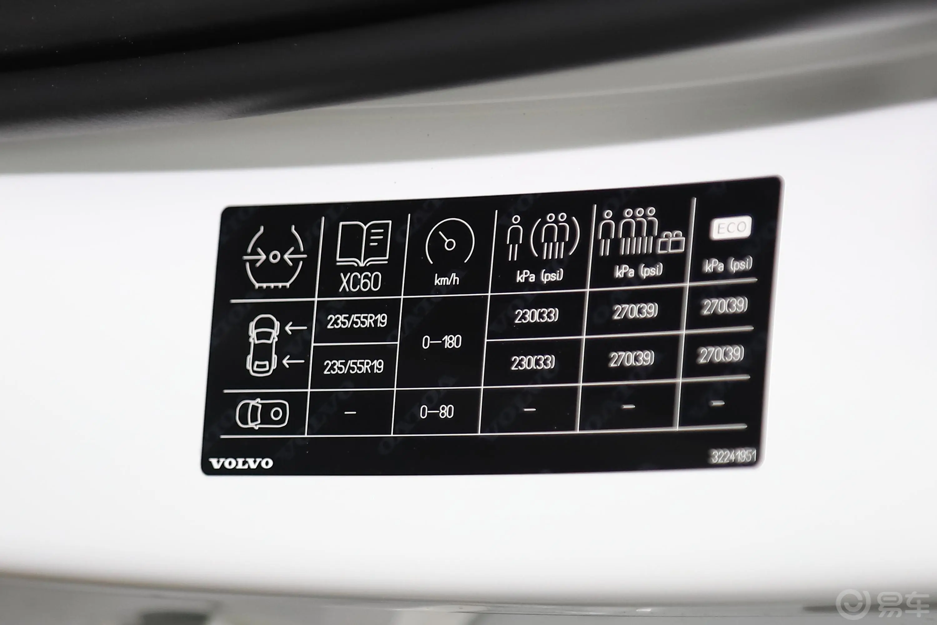 沃尔沃XC60B5 四驱智远运动版胎压信息铭牌