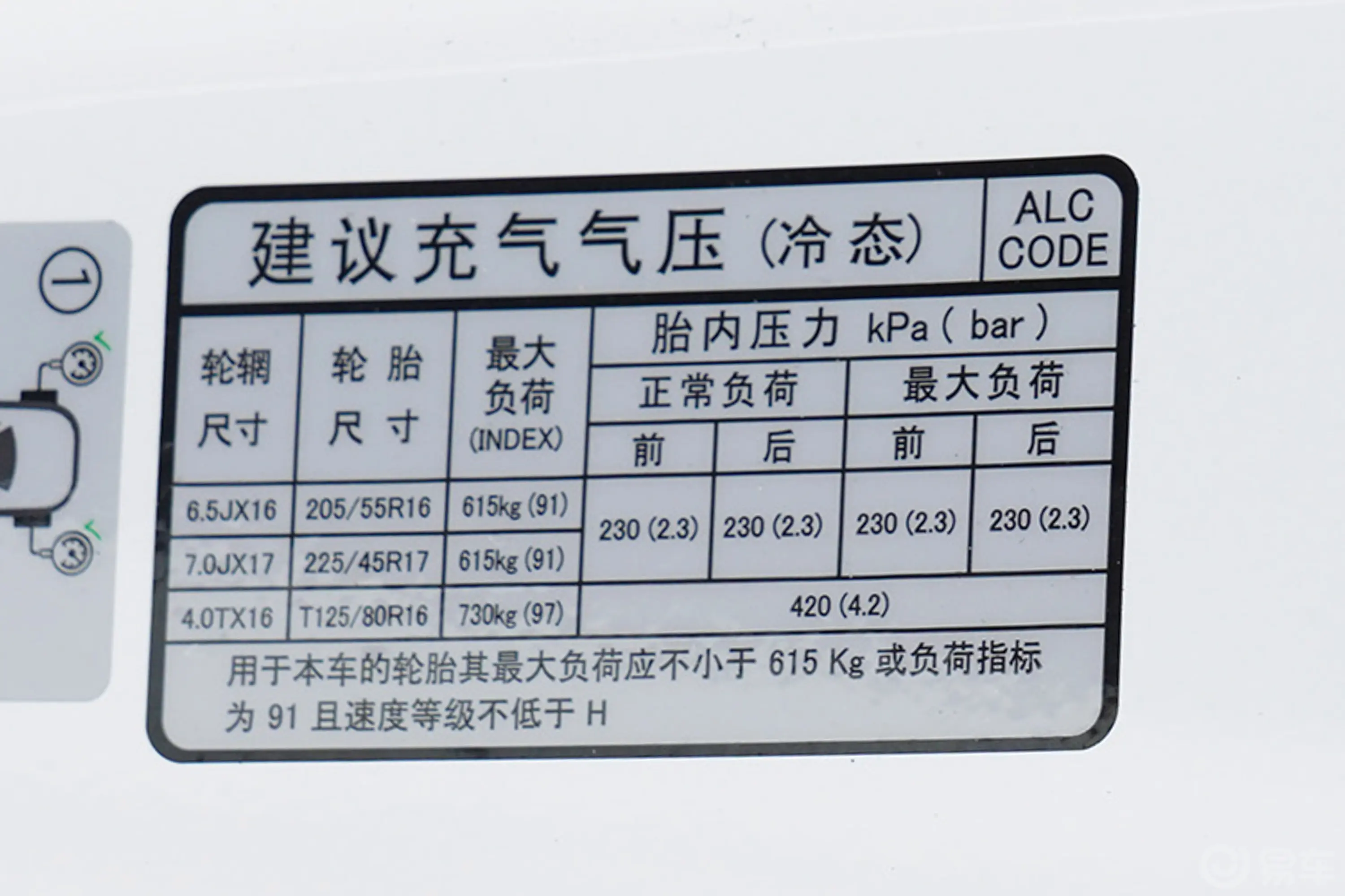 起亚K31.5L CVT舒适优享版胎压信息铭牌