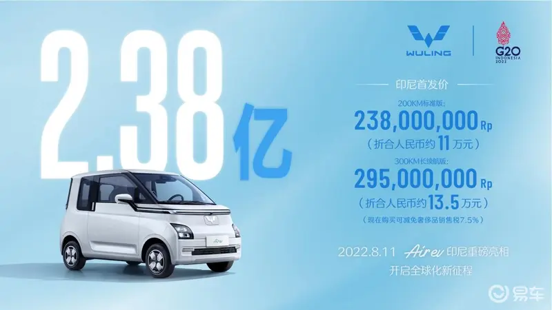 五菱Air ev印尼上市 售价约合11-13.5万元人民币